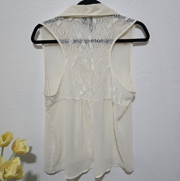 Full Tilt Cream Sheer Sleeveless Button Down Blouse Lace Back Size XL - Picture 4 of 6